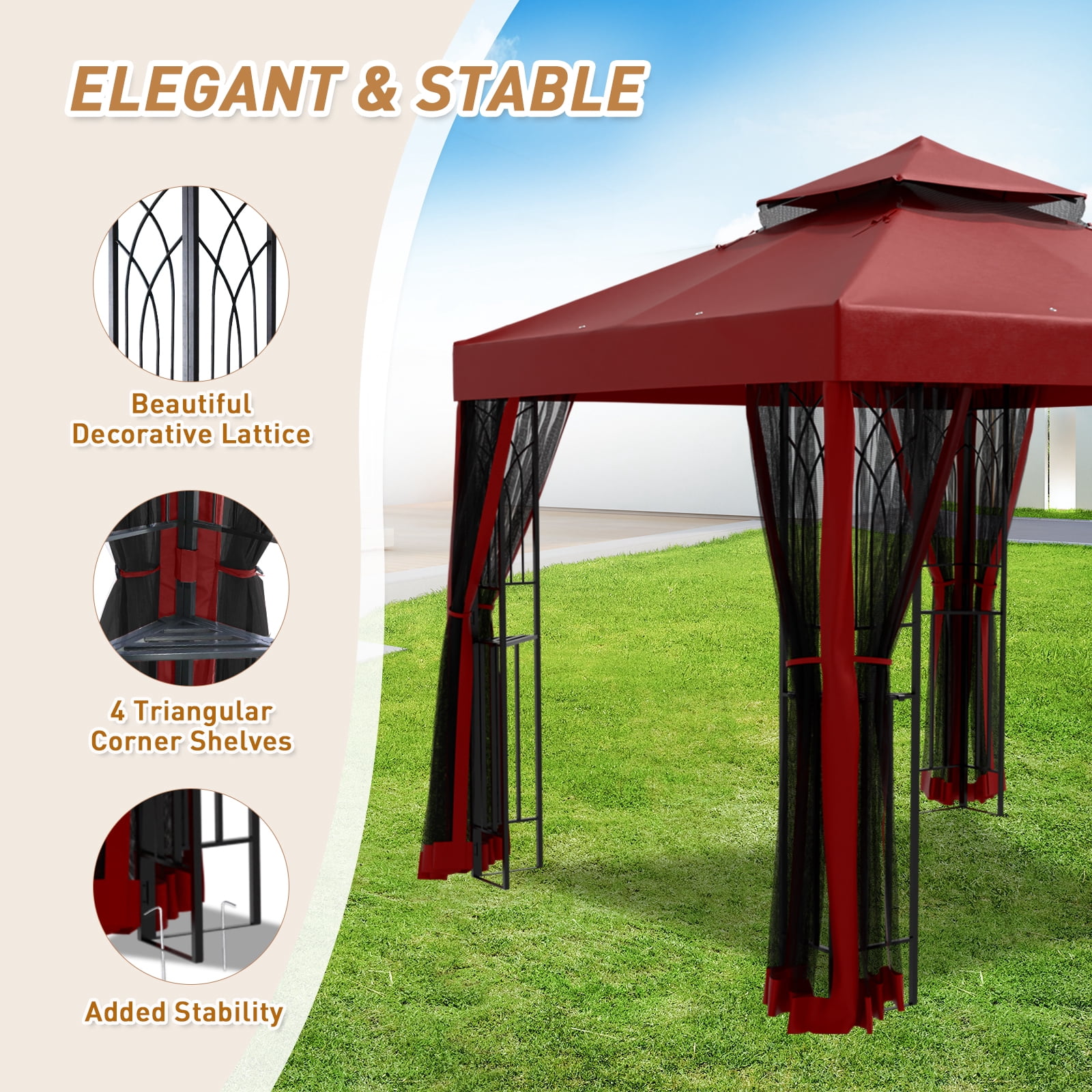 INTER HUT 8x8 Metal Patio Double Soft Roof Gazebo Outdoor Canopy Tent with Netting, Ceiling Hook, Shelves