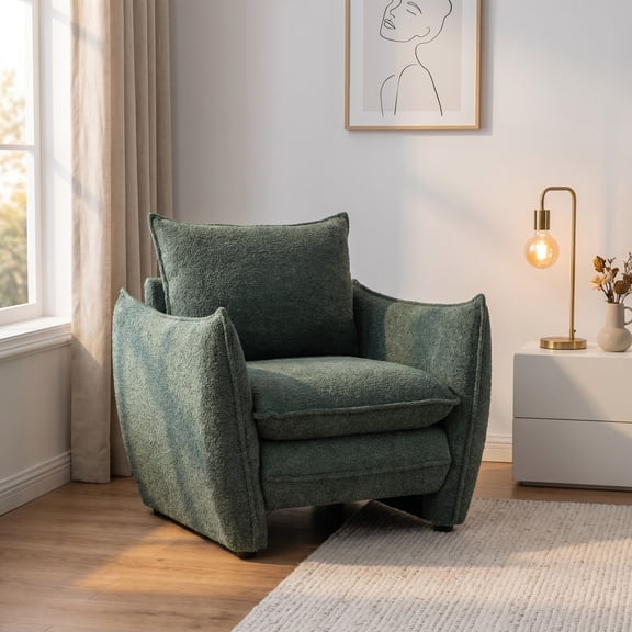 ENYLAY Modern Green Cloud Chair, Plush Upholstered Sofa Chair, Comfy Single Armchair with Removable Cushions for Living Room, Bedroom, Office
