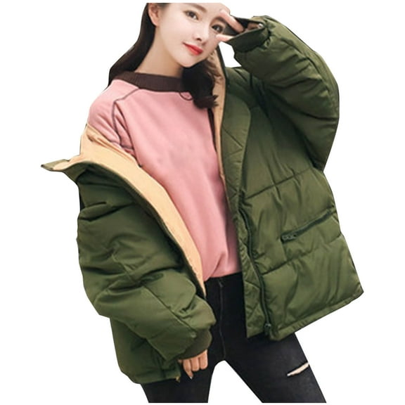 Scyoekwg Women's Winter Coats Casual Hooded Down Jacket Long Sleeve Loose Jacket Solid Color Oversized Warm Coats Outerwear (Army Green,XS)