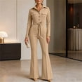 thumbnail image 5 of Edvintorg Women Jumpsuit Lapel Cargo Pocket Button Down Romper Long Sleeve Jumpsuits with Flare Pant Womens Clothing S-XL Khaki, 5 of 6