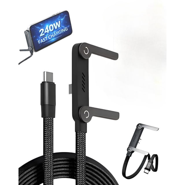 Cable USB-C a USB-C de 240W con Soporte para Teléfono Incorporado, Cable de Carga Rápida de 5 Pies en Ángulo Recto para Juegos