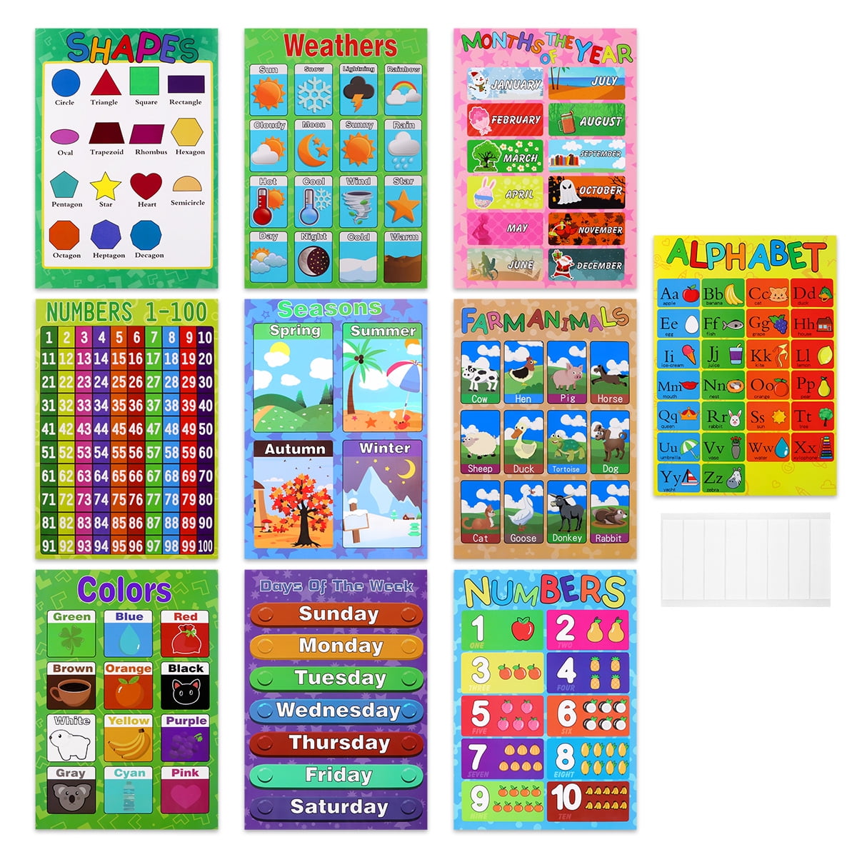 Incl Alphabet Farm Animals and More 10 Pcs Homeschool Teachers Pre-K 16 x 11 Inch Colors Kindergarten Numbers Classroom Shapes Daycares Educational Preschool Learning Poster for Toddler 