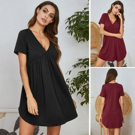 

SweetCandy Spring And Summer V-neck Knitted Short-sleeved Nightdress -selling Home Wear Casual Loose
