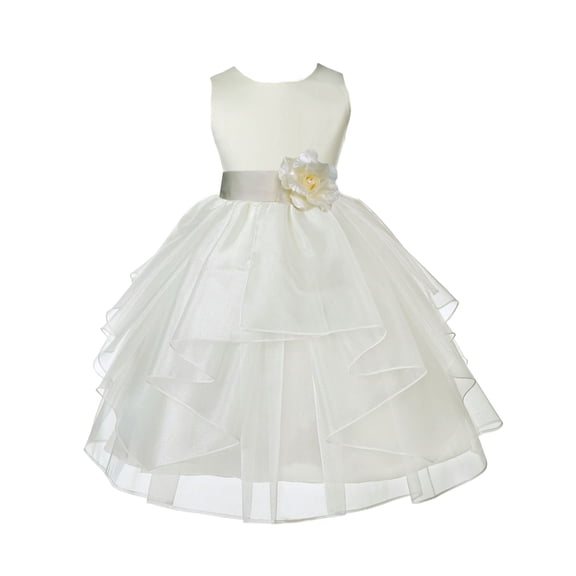 Ekidsbridal Girl Ceremonial Flower Girl Dress - Knee Length Ivory Organza with Tiebow 4613T-A (Size: S-12)