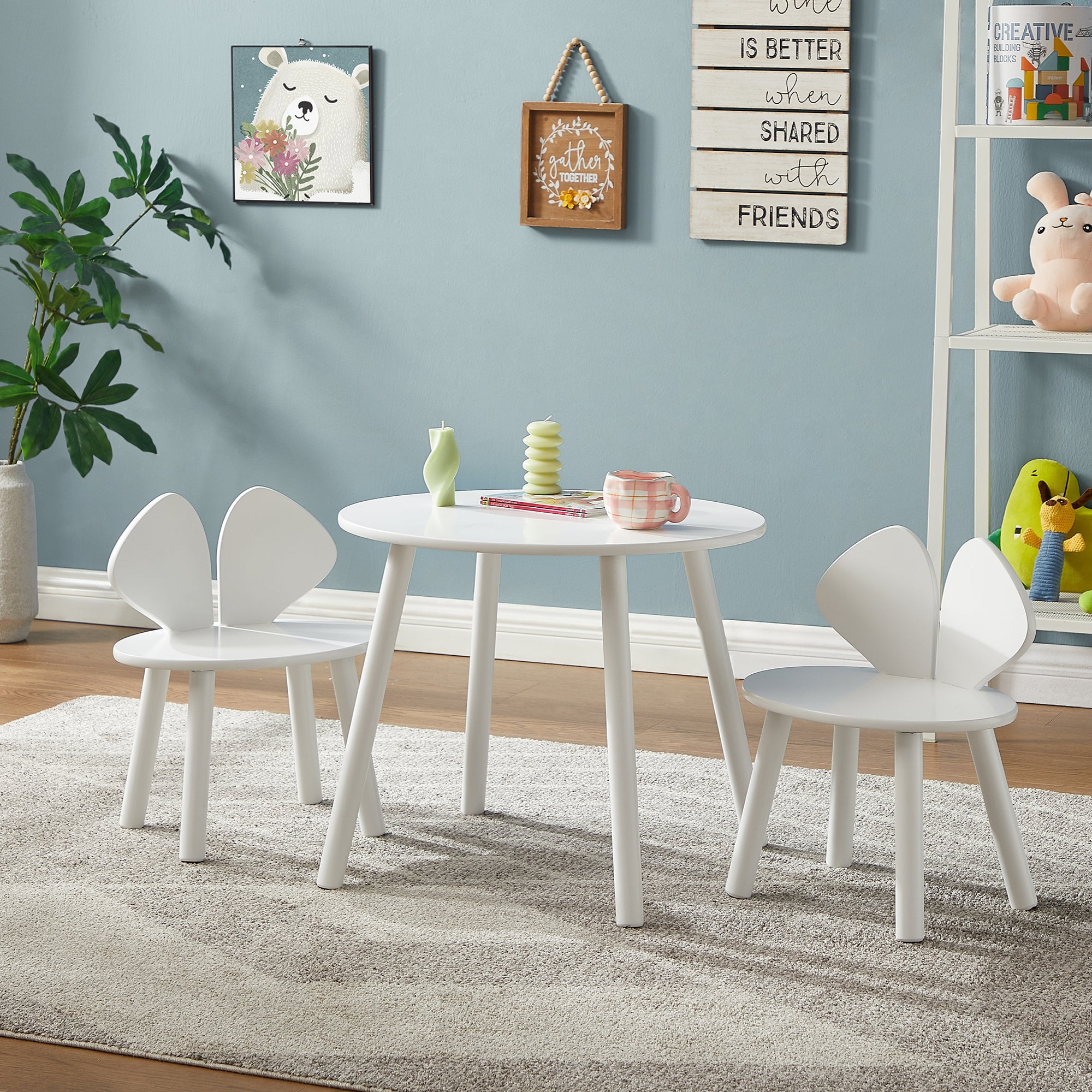 VECELO Kids Table and 2 Chairs Set, Toddler Wooden Activity Table and Chair Set for Ages 3-8, 23.6" L x 23.6" W Children Craft and Play Table Drawing Reading, White