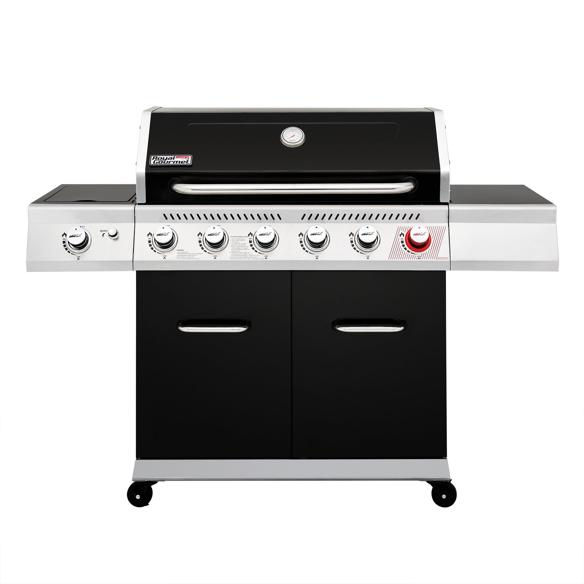 Royal Gourmet GA6402H 6-Burner BBQ Gas Grill with Sear Burner and Side Burner, Cabinet Style Grill for Outdoor Grilling, Black