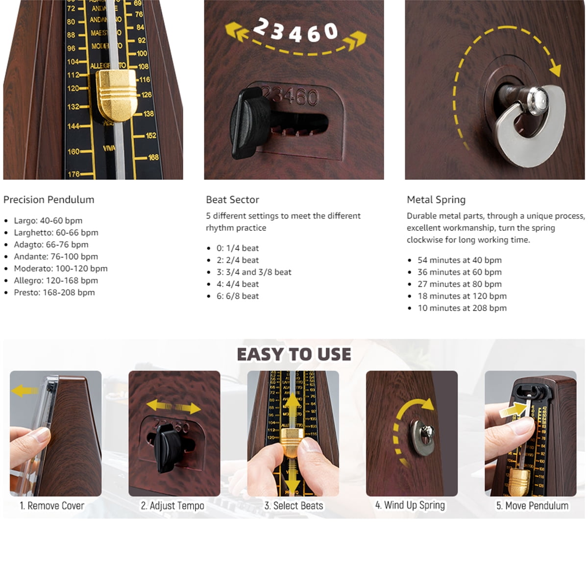 LEKATO Mechanical Metronome Universal Metronome for Piano Guitar Ukulele Violin with Loud Sound Accurate Track Beat Tempo for Beginner
