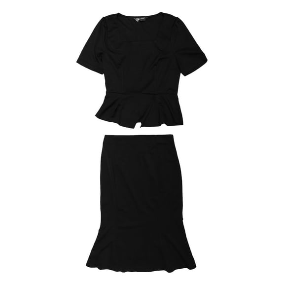 Unique Bargains Women's Outfit Square Neck Fishtail Bodycon Peplum Skirt Set M Black