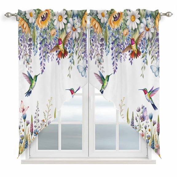 Watercolor Floral Swag Curtains for Kitchen/Bedroom/Living Room, Spring Daisy Sunflowers Wisteria Hummingbird Scalloped Curtains 63 Inch Long, Window Swag Topper Curtains Valances 2 Panels 36"x63"