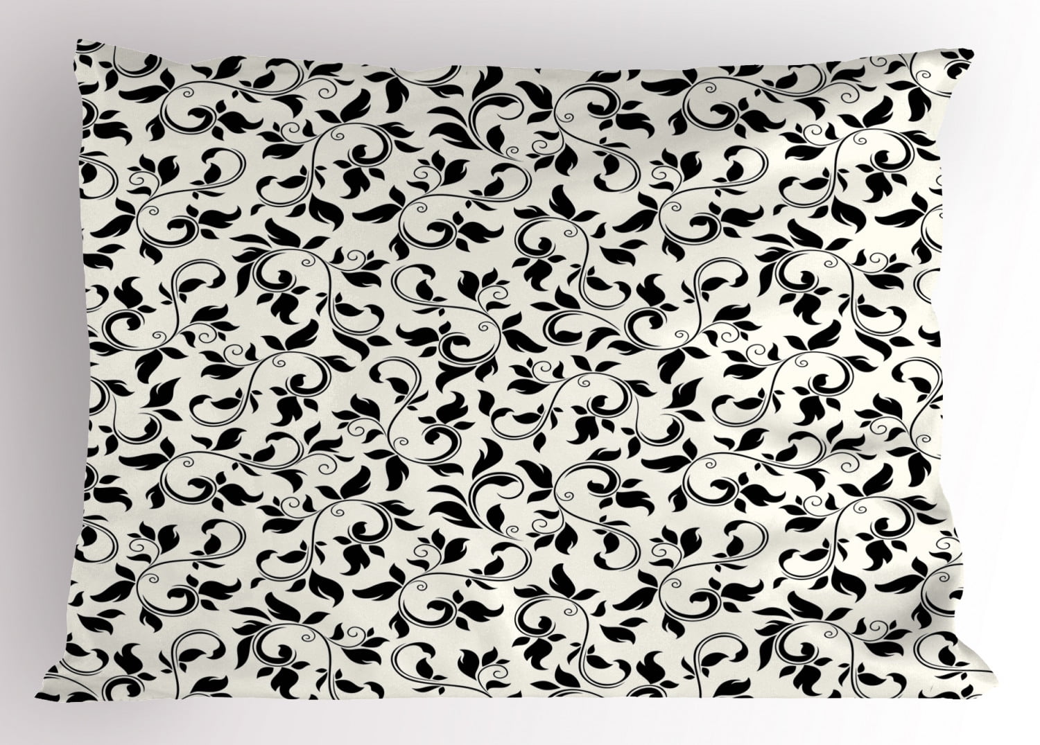 Leaf Pillow Sham Black and White Pattern with Swirled Skinny Branches