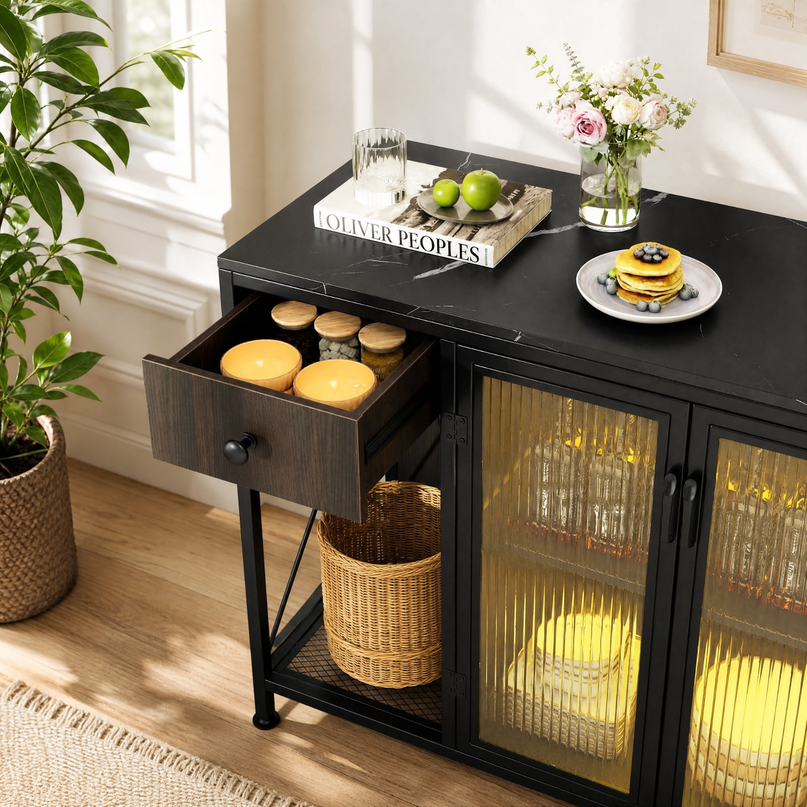 Furnibear Buffet Sideboard with Doors Power Outlets and LED Light for Kitchen Dining Living Room Buffet Storage Server, Black