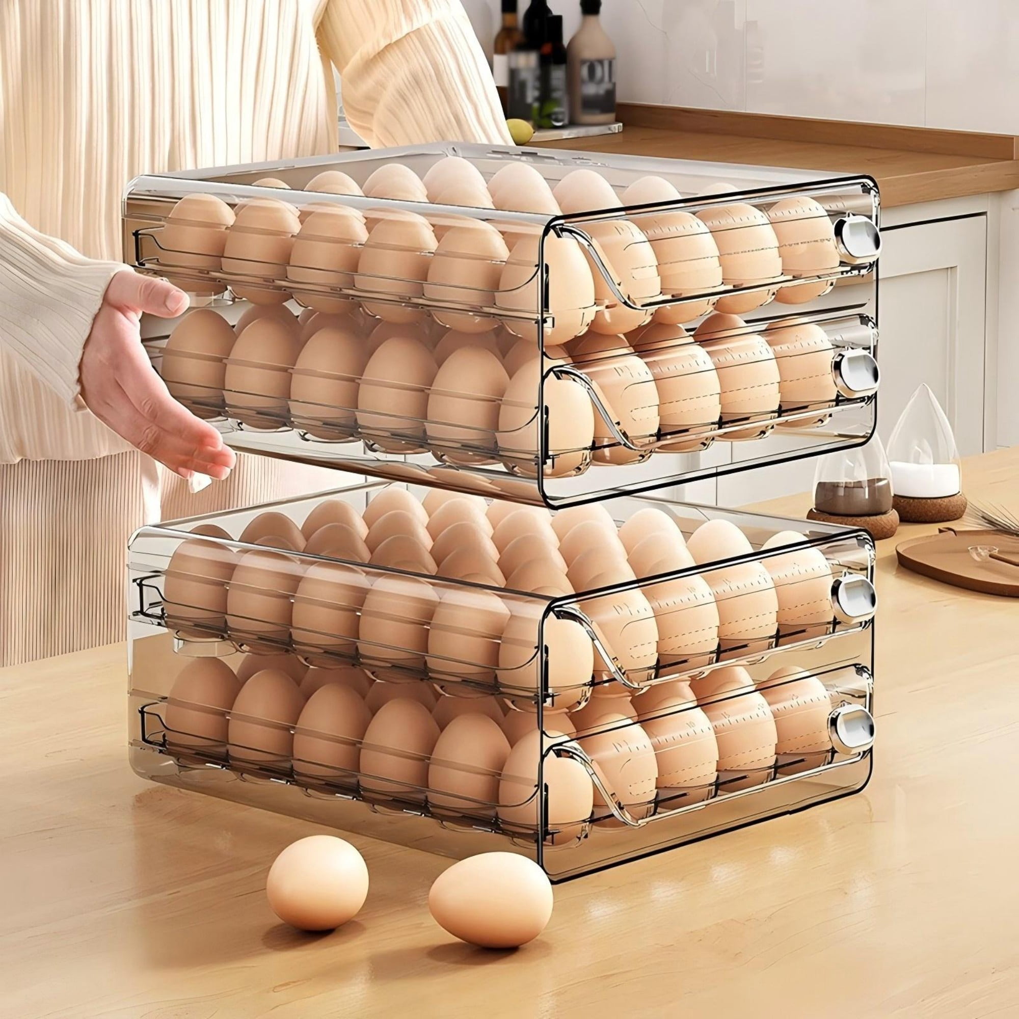 YHIPL 60-Eggs Holder for Fridge, 2 Tier Clear Stackable Egg Container for Refrigerator with Lid & Handles, Egg Holder Suitable for Refrigerator and Kitchen Storage