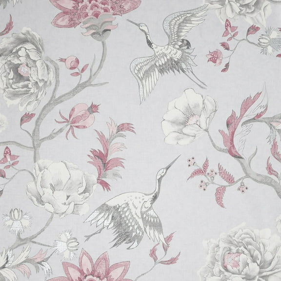 Japanese Floral Crane Grey & Pink Vinyl Wallpaper - 20.8 in. W x 33ft L - Double Roll
