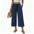 thumbnail image 2 of Lumtrix Womens Cotton Linen Wide Leg Pants Casual Zipper Front Summer Cropped Trousers Dressy Pants with Pockets Navy M, 2 of 7