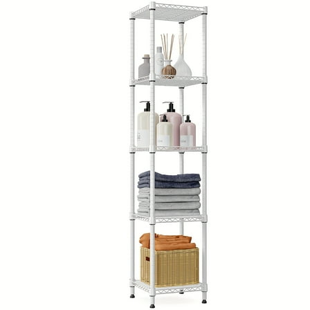 5-Tier Adjustable Metal Storage Rack - 11.8x11.8x58.3 Inches, White Steel Shelving Unit for Home, Kitchen, Office & Garage