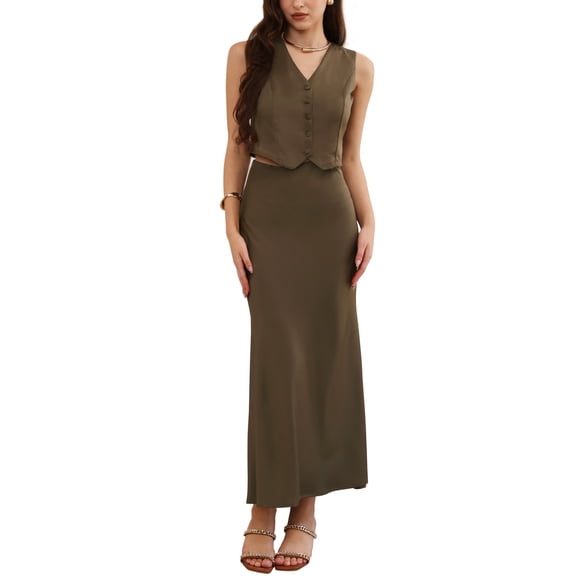 DARING DIVA Women's Satin 2 Piece Maxi Skirt Set Button V Neck Vest Tops Long S Brown