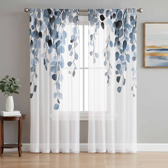 Blue Eucalyptus Leaves Semi Sheer Curtains 96 Inch Length 2 Panels Set, Summer Farmhouse Botanical Sheer Kitchen Curtain Privacy Voile Window Curtain for Living Room Bedroom Rod Pocket Drapes