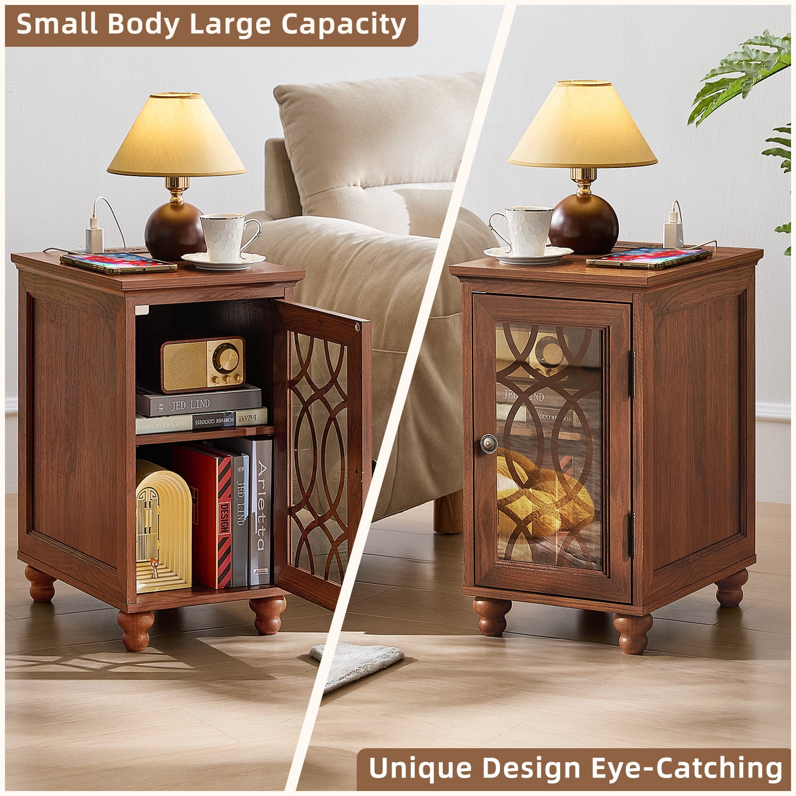 End Tables for Living Room with Charging Station, Nightstand for Small Spaces Bedoom with Glass Door and Adjustable Shelf, Brown