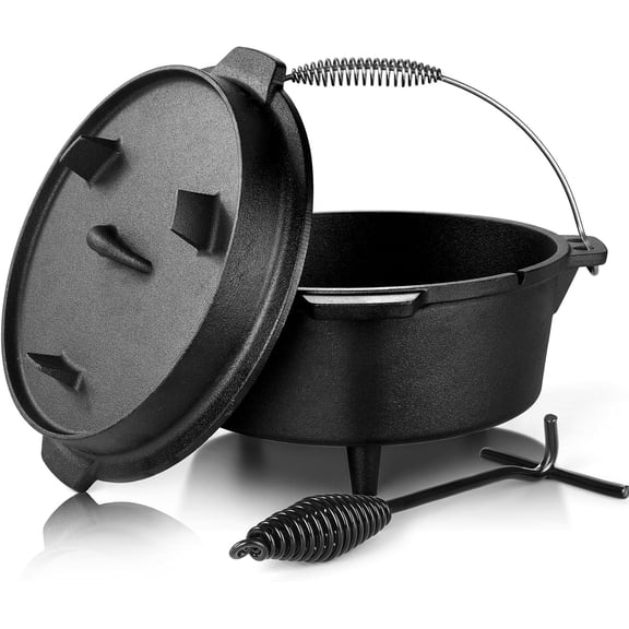 LiteHaven 5QT Camping Dutch Oven with Lid, Pre-Seasoned Cast Iron Camp Dutch Oven with Lid Lifter for Campfire Cooking, Baking and Stews, Durable Cast Iron Pot for Camping and Hiking