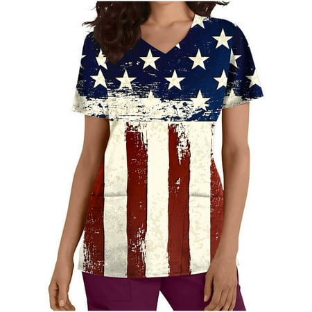 

JGGSPWM Women s Scrub Tops V Neck Short Sleeve Tees Flag Print Blouse Nursing Scrub Independence Day Medical Working Uniform T-shirts Beige M