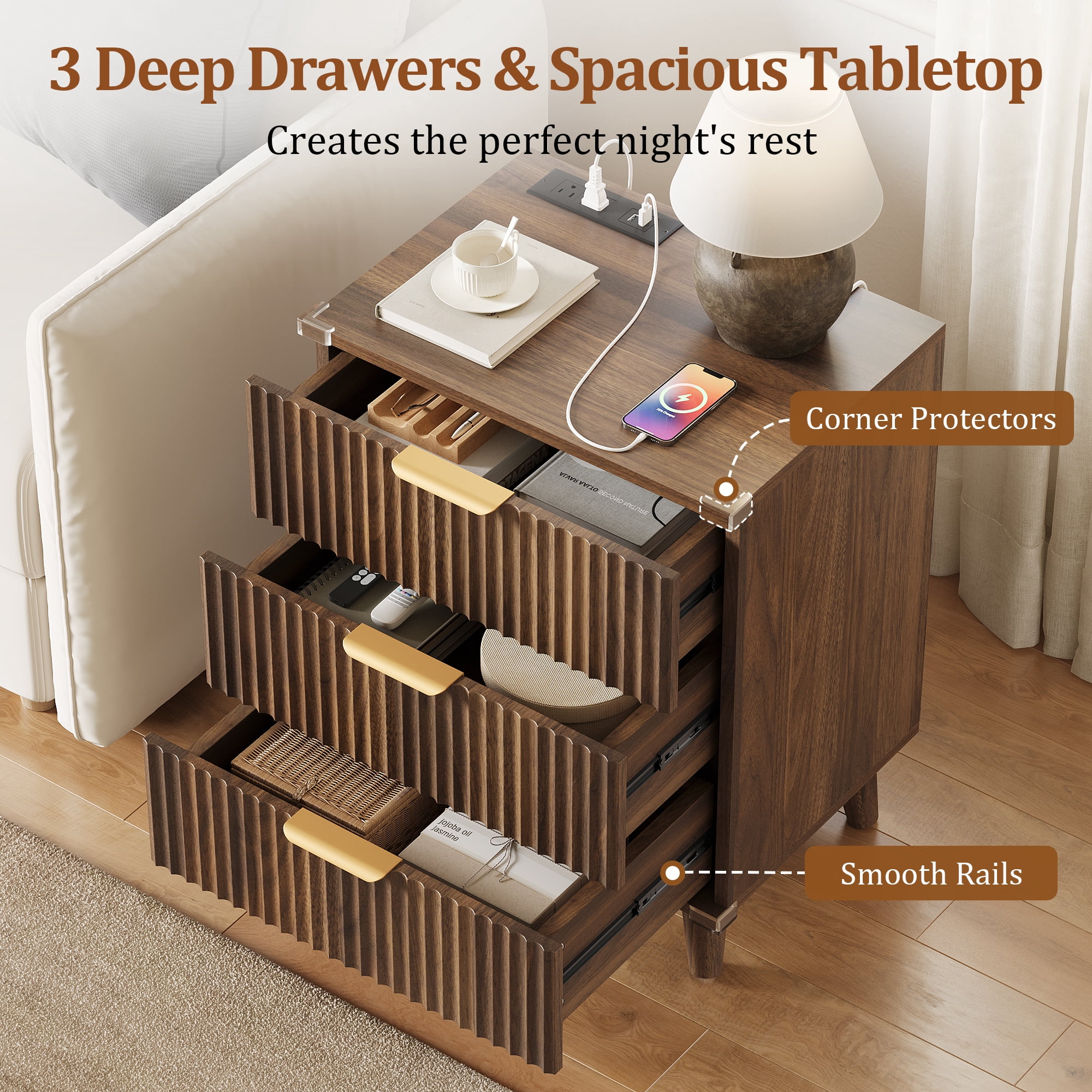 Aufeile Nightstand with Charging Station, 3 Drawer Nightstand for Bedroom, Fluted Bedside Table with USB Ports, Modern Wood Bedroom Side Table with Drawers, Walnut