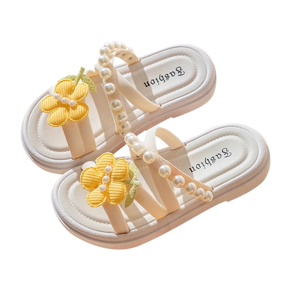 IVEYRTF Kids Summer Fashion Flower and Pearl Vintage Sandals Wedge Heel Beach Shoes for Casual Wear and Outdoor Activities Stylish Footwear for Girls(Yellow#1,7.5-9 Years)