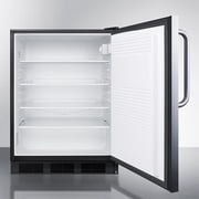 Commercially listed built-in undercounter all-refrigerator for general purpose use, auto defrost w/SS wrapped door, towel bar handle, and black cabinet