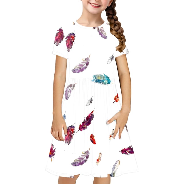 QIPOPIQ Robe Extensible à Manches Courtes pour Filles, Ligne A, Patineuse Tournoyante, Robe de Fête d'École, Liquidation