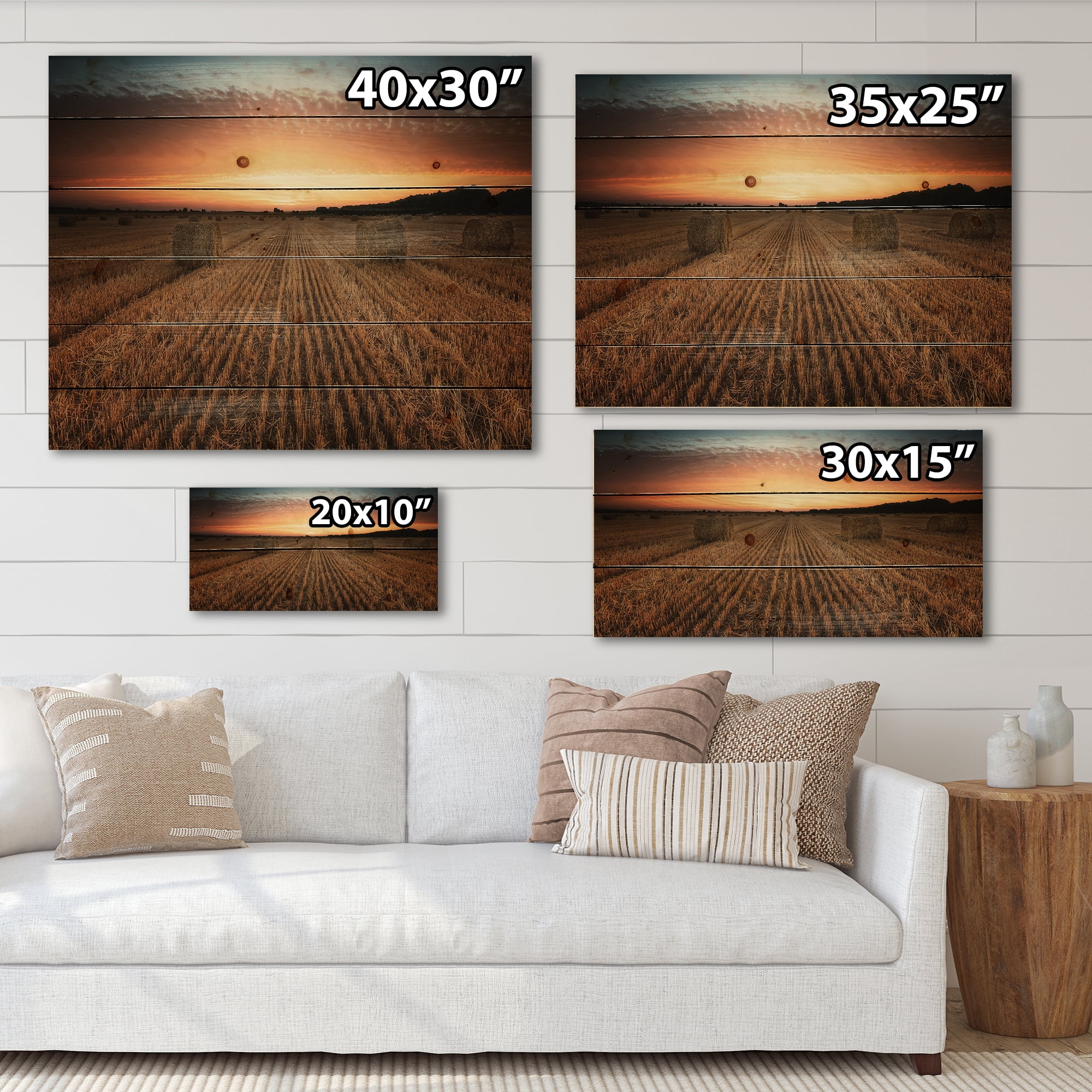 Designart 'A Field Full of Hay Bales At Sunset Landscape' Farmhouse Print on Natural Pine Wood