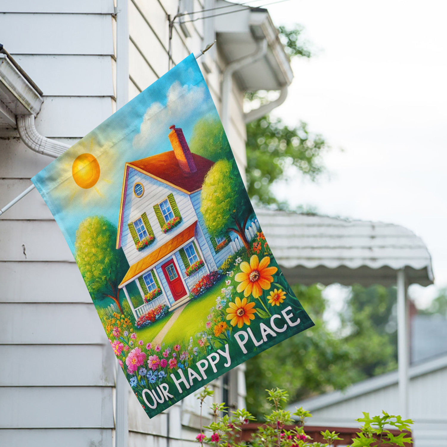 America Forever Our Happy Place House Flag, 28 x 40 inch Double Sided, Sunlit House with Flower Banner, Warm Welcome Home Flags, Spring Summer Seasonal Housewarming Outdoor Decorative for Lawn