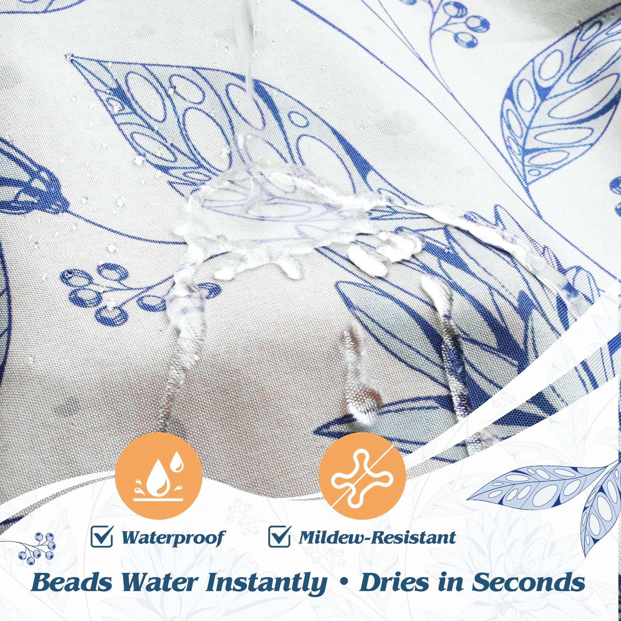 Inosoo Linen-Look Digital Print Shower Curtain, Blue Dahlia Flowers on White Background, 72x72 Inches
