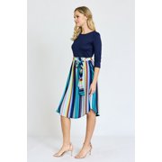 Vivid 3/4 Sleeve Multi Color Stripe Sash Midi Dress | S-3X