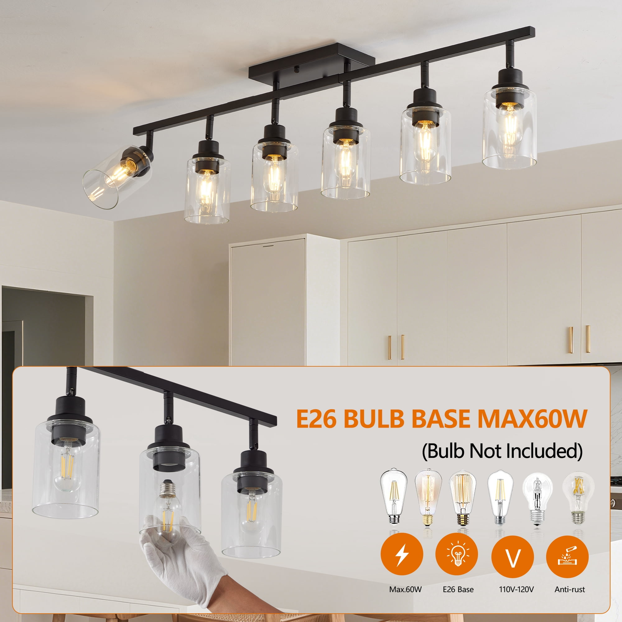 Leumius 6-Light Semi Flush Mount Ceiling Light, Adjustable Kitchen Light Fixtures Ceiling Mount with Clear Glass Shades, Rotatable Black Track Lighting Fixtures for Hallway, Foyer, Bedroom(No Bulbs)
