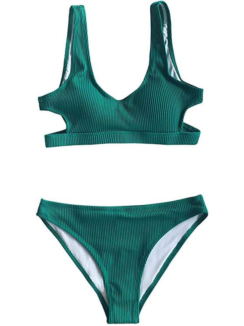 Cupshe Women's Ribbed Bikini Set, Green Cutout Low Waisted
