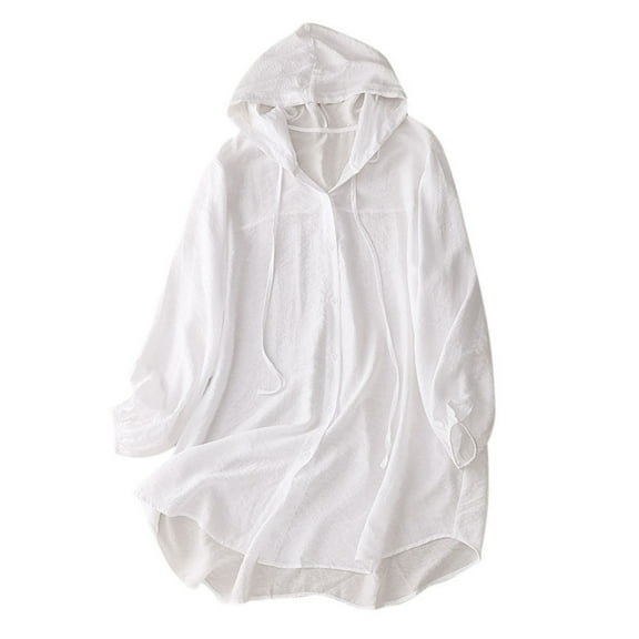 Htigea Womens Cotton Linen Sun Hoodie Lightweight Swimsuit Beach Coverups Long Sleeve Hooded Button Down Shirts White M