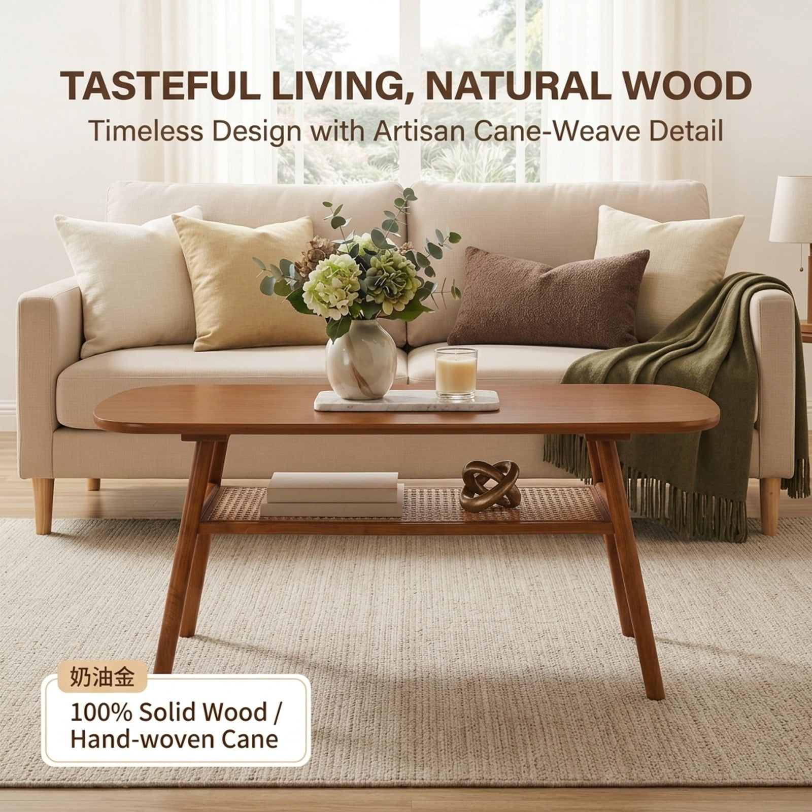Furnibear 2 Tier Boho Rattan Coffee Table with Rounded Corners Rubber Wood Frame and Woven Open Shelf for Living Room, Walnut