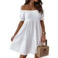 thumbnail image 2 of Women'S Summer Lantern Sleeves Ruffled Off Shoulder A-Line Dresses White L, 2 of 9