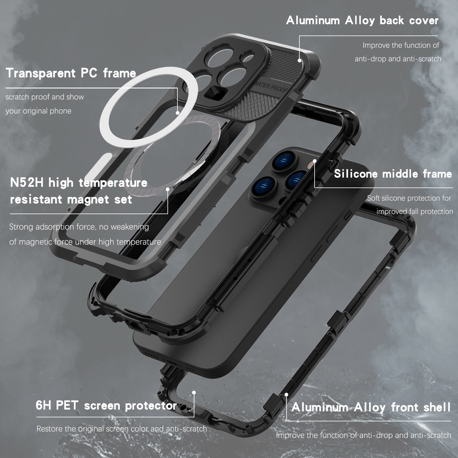 Allytech IP68 Waterproof Case with Screen Protector for iPhone 15 Pro Max, [Aluminum Alloy+PC+Silicone] Rugged Dustproof Shockproof Heavy Duty Protection Case Compatible with MagSafe - Black