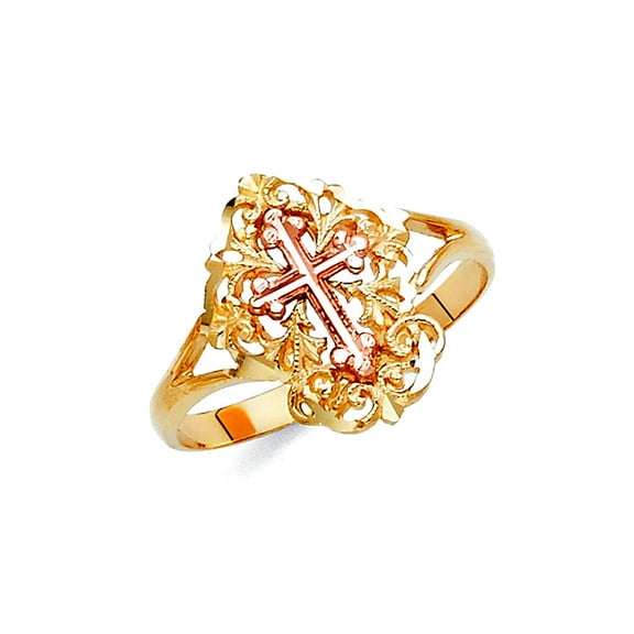14k Yellow Gold and White Gold Religious Faith Cross Ring Size 7 Ring for Women - 1.7 Grams