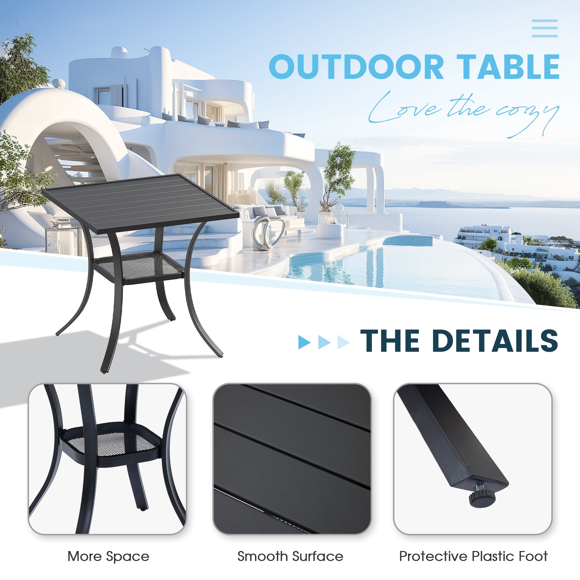 DIFY 3PCS Patio Dining Furniture Set, 28" Square Slatted Table and 2 Swivel Textilene Chairs