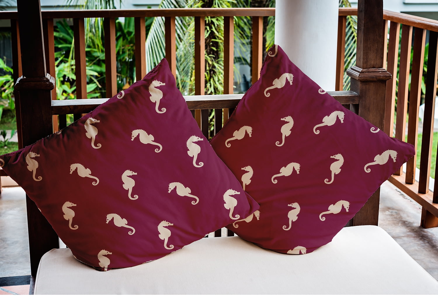 18" x 18" Simply Daisy Sea Horses Indoor/Outdoor Pillow, Maroon Red Qty 1