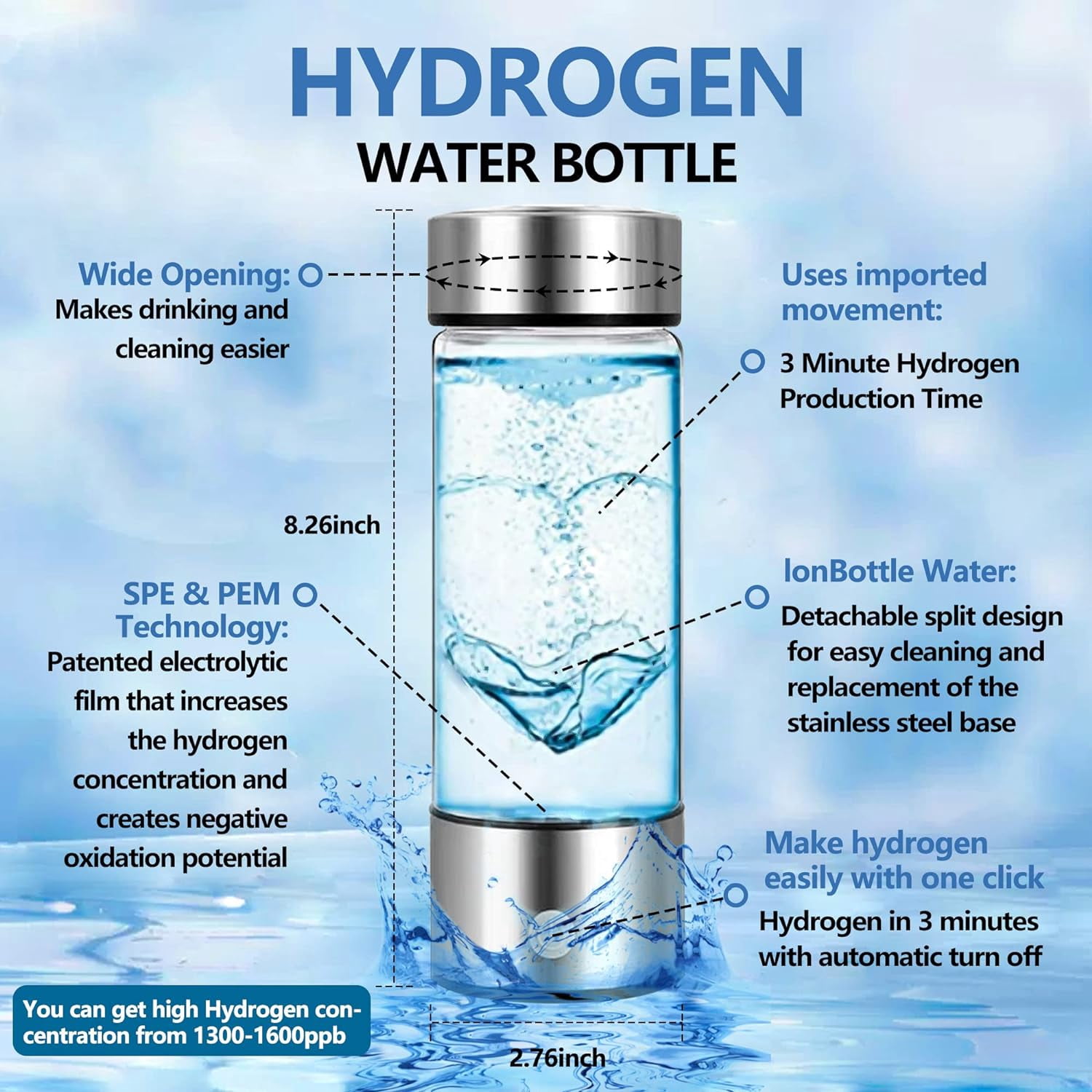 Portable Hydrogen Water Generator Bottle SPE PEM Technology, Alkaline Ionizer Generator USB Rechargeable Portable Hydrogen Rich Water Glass Health Bottle for Health Life