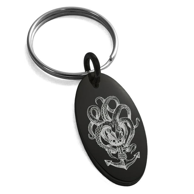 Stainless Steel Nautical Octopus Anchor Engraved Small Oval Charm Keychain Keyring