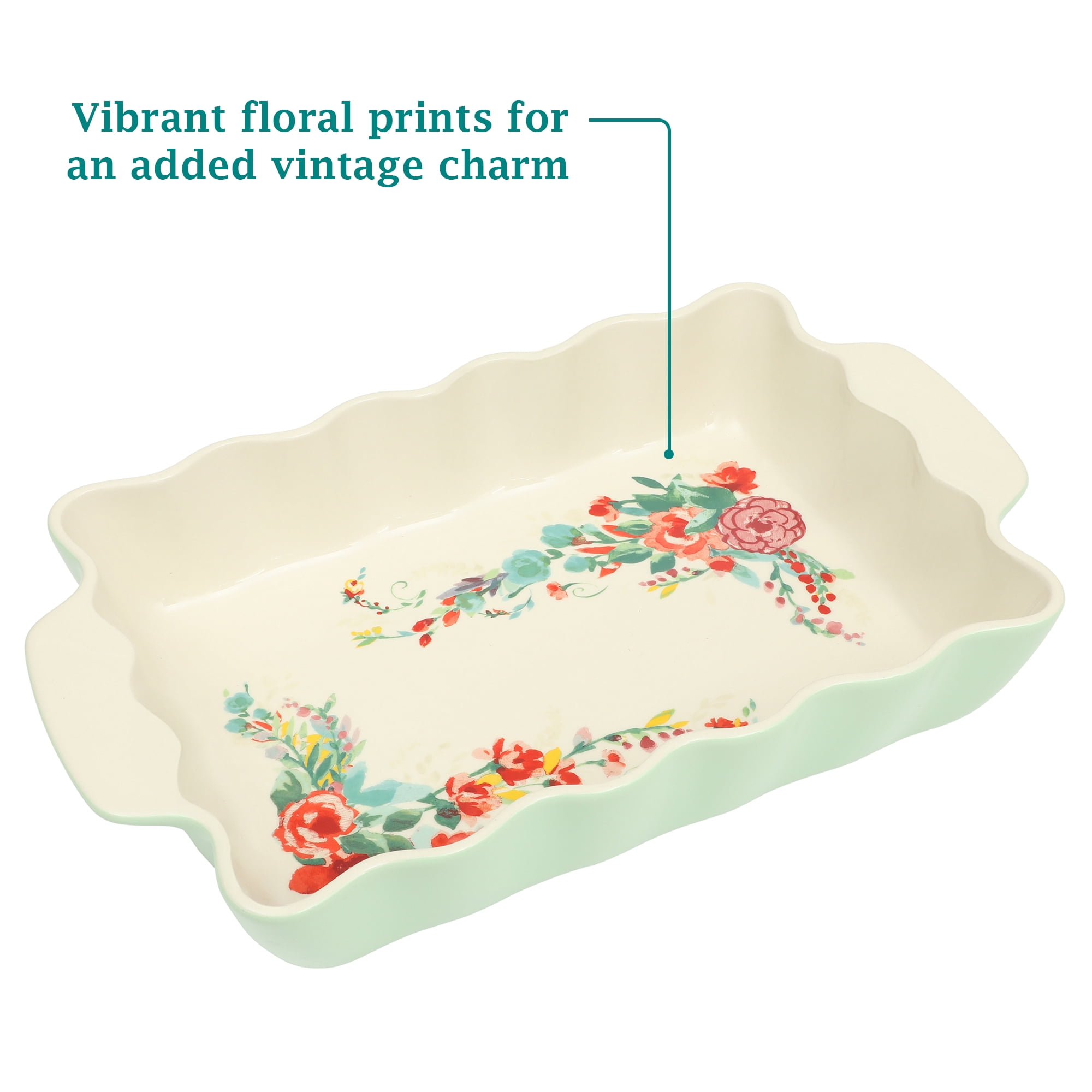 The Pioneer Woman 9 x 13 in Ruffle Green Rectangular Stoneware Baking Dish