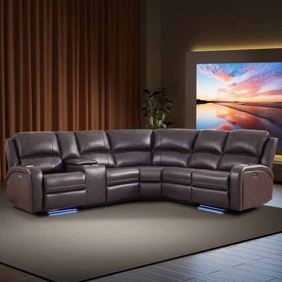 Bonzy Home Power Reclining Sectional Sofa with LED Lights — Faux Leather L-Shape Sectional with Dual Power Recliners, Storage Console & Cup Holders