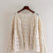 Women Flare Long Sleeve Crochet Cardigan Open Front Hollow Floral Sweater Coat