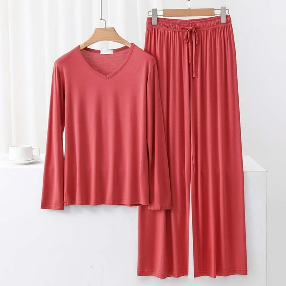 lmcalzta 2 Piece Outfits Summer Pajama Sets Long Sleeve Top and Wide Leg Pants Sleepwear Nightwear Soft Lounge Sets