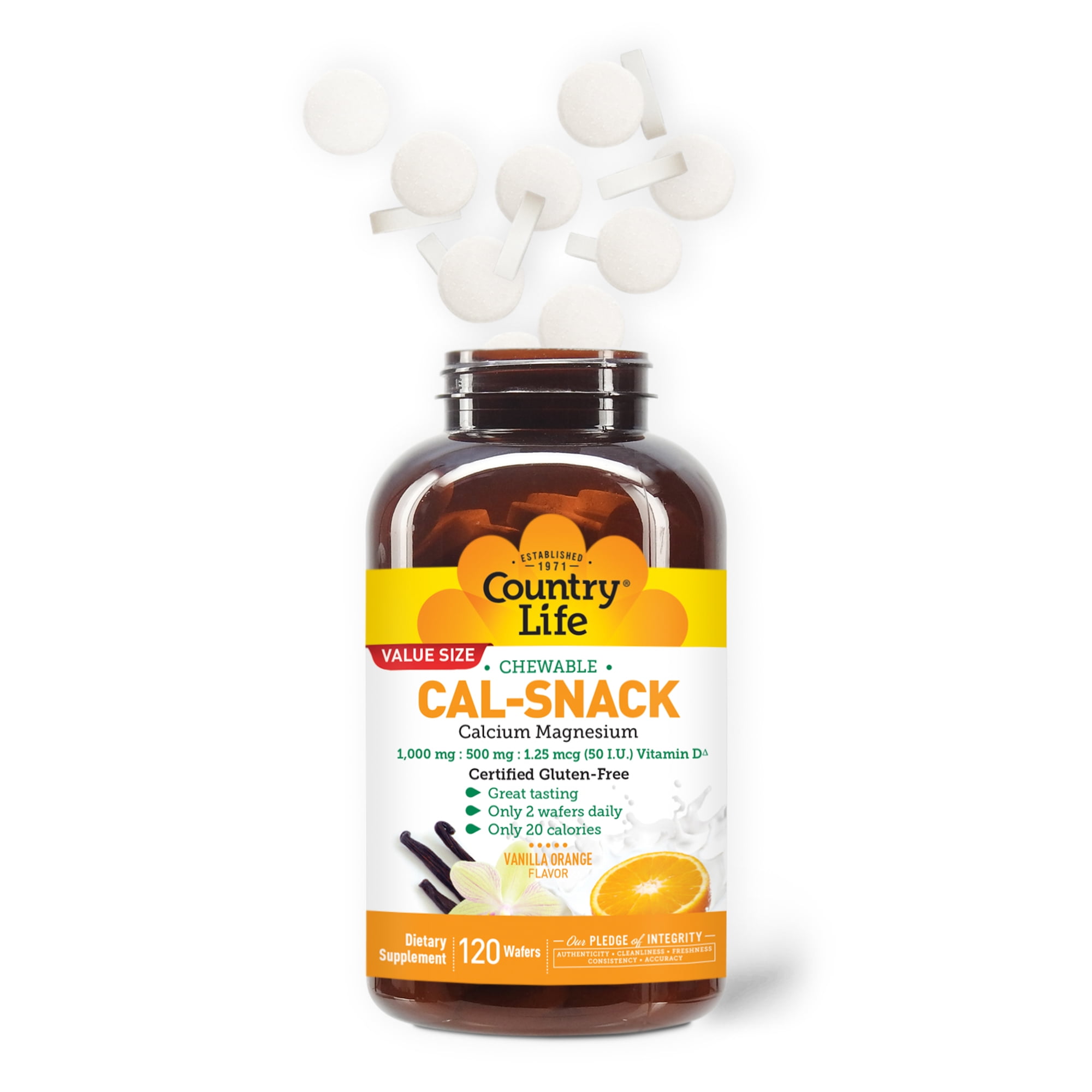Country Life Cal-Snack - Chewable Calcium Magnesium Supplement wafers with Vitamin D3, Easy to Digest, Vanilla Orange Flavor, Dietary Supplement