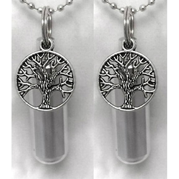 Companion Set of TWO Silver TREE OF LIFE CREMATION URNS with ENGRAVED HEARTS - Includes 2 Velvet Pouches, 2 Ball-Chains & Fill Kit
