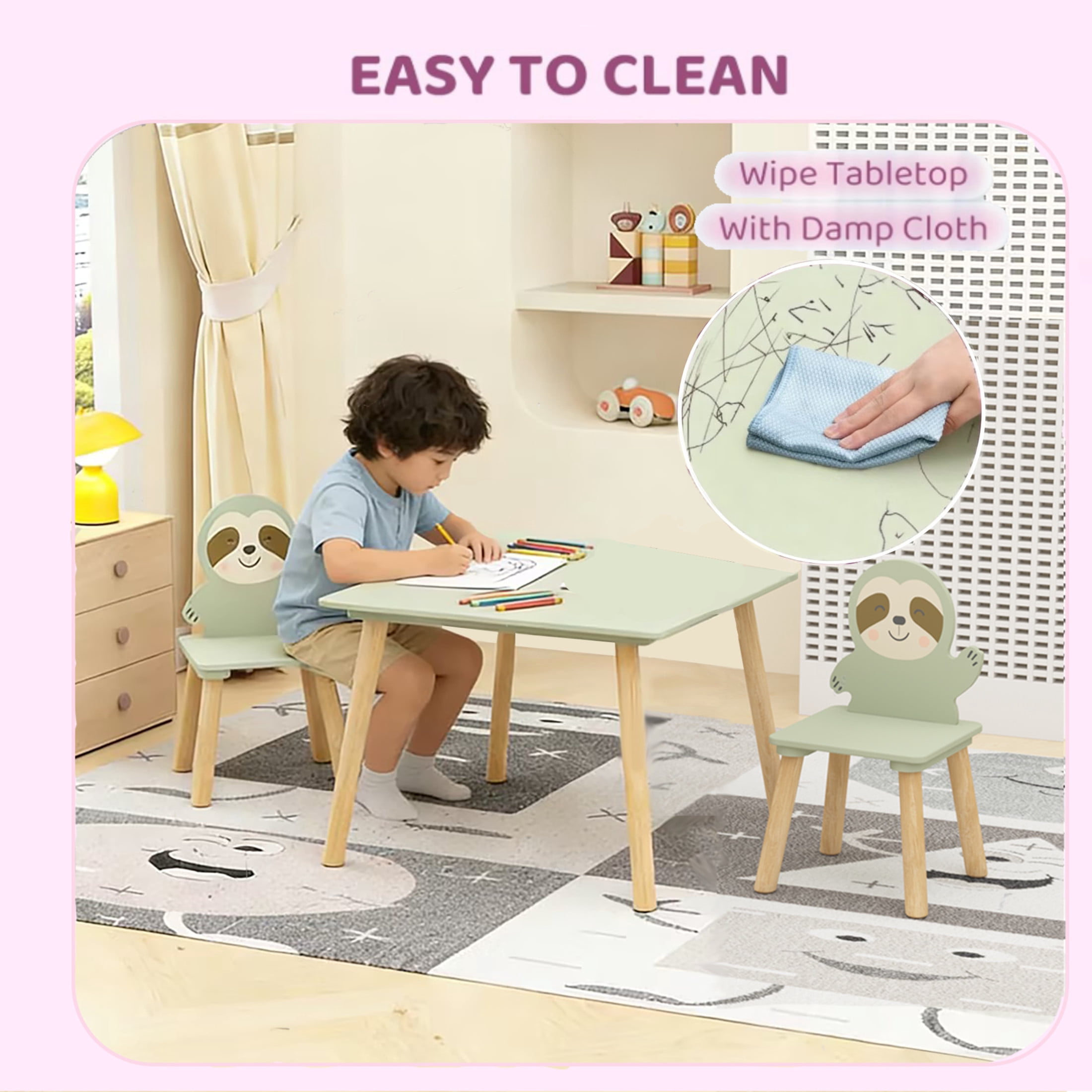 Noble House Kids Table and 2 Sloth Chairs Set, Wooden Toddler Activity Table and Chair Set, Playroom, Sage Green